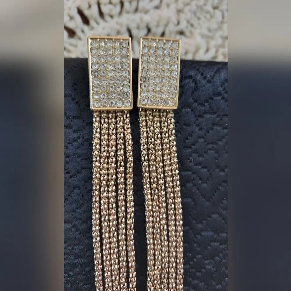 Dramatic Gold Rhinestone & Chain Dangle Earrings - Picture 2 of 5